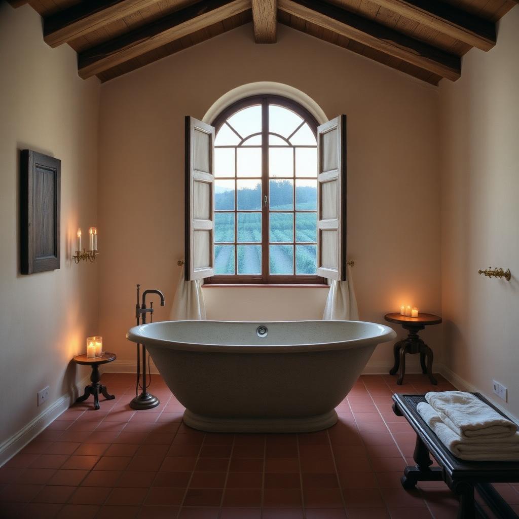 Freestanding stone bathtub with vineyard view