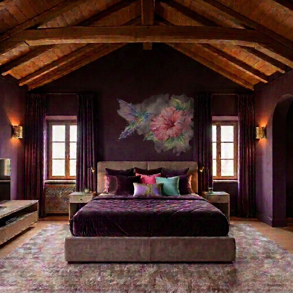 A four-poster bedroom suite with vaulted beams