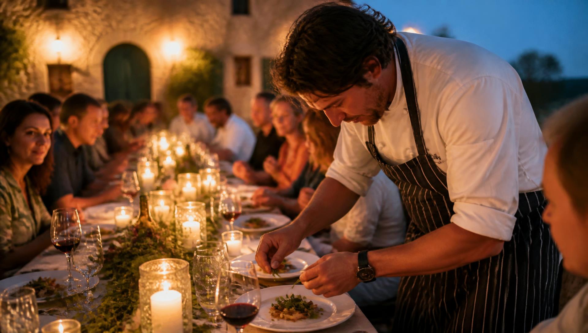 A private chef plating a course at a candlelit long table in a farmhouse courtyard