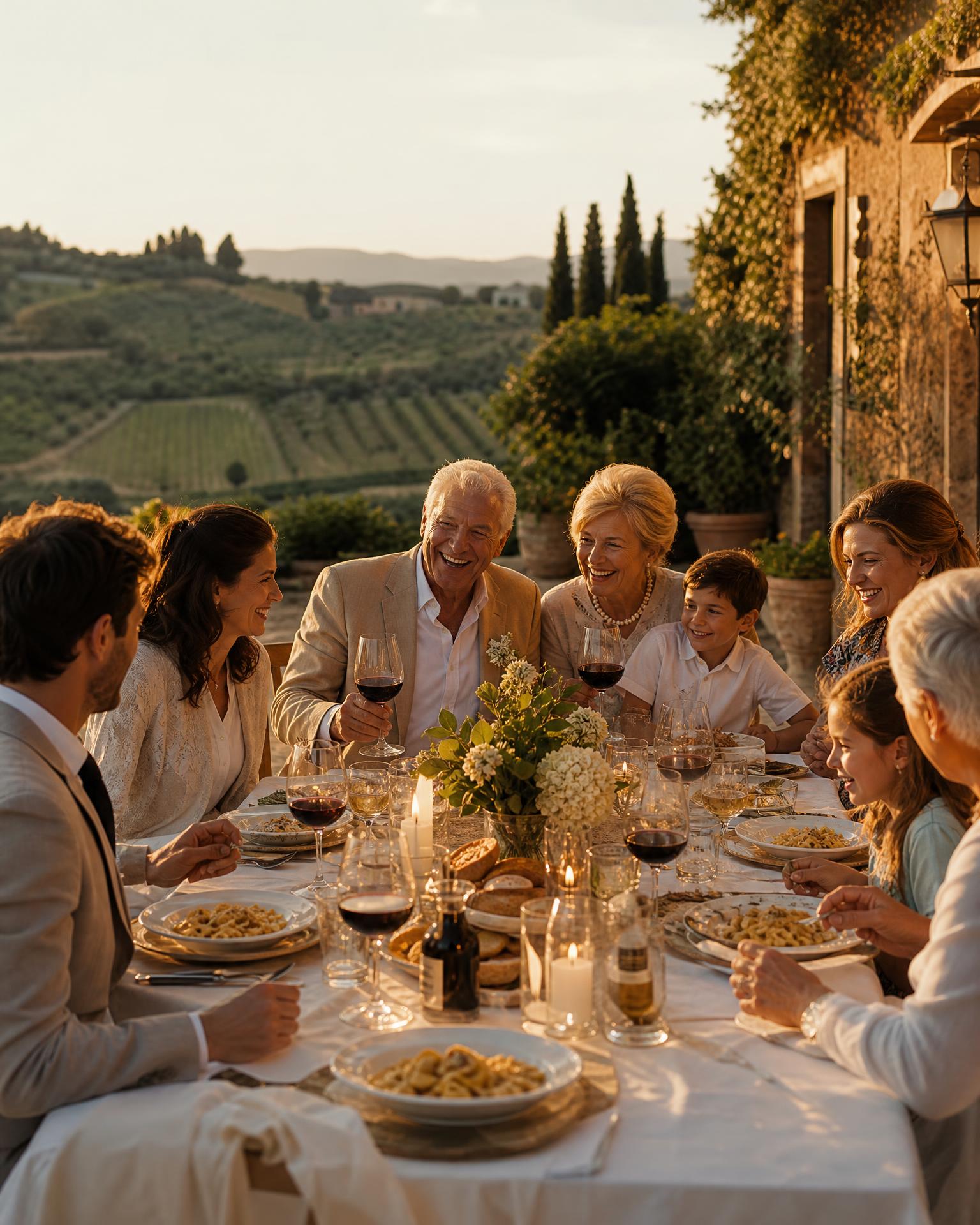 A Founding VIP Member with his wife and family gathered around a long oak table outside, sharing fresh pasta and local wine at Casa Colibrì