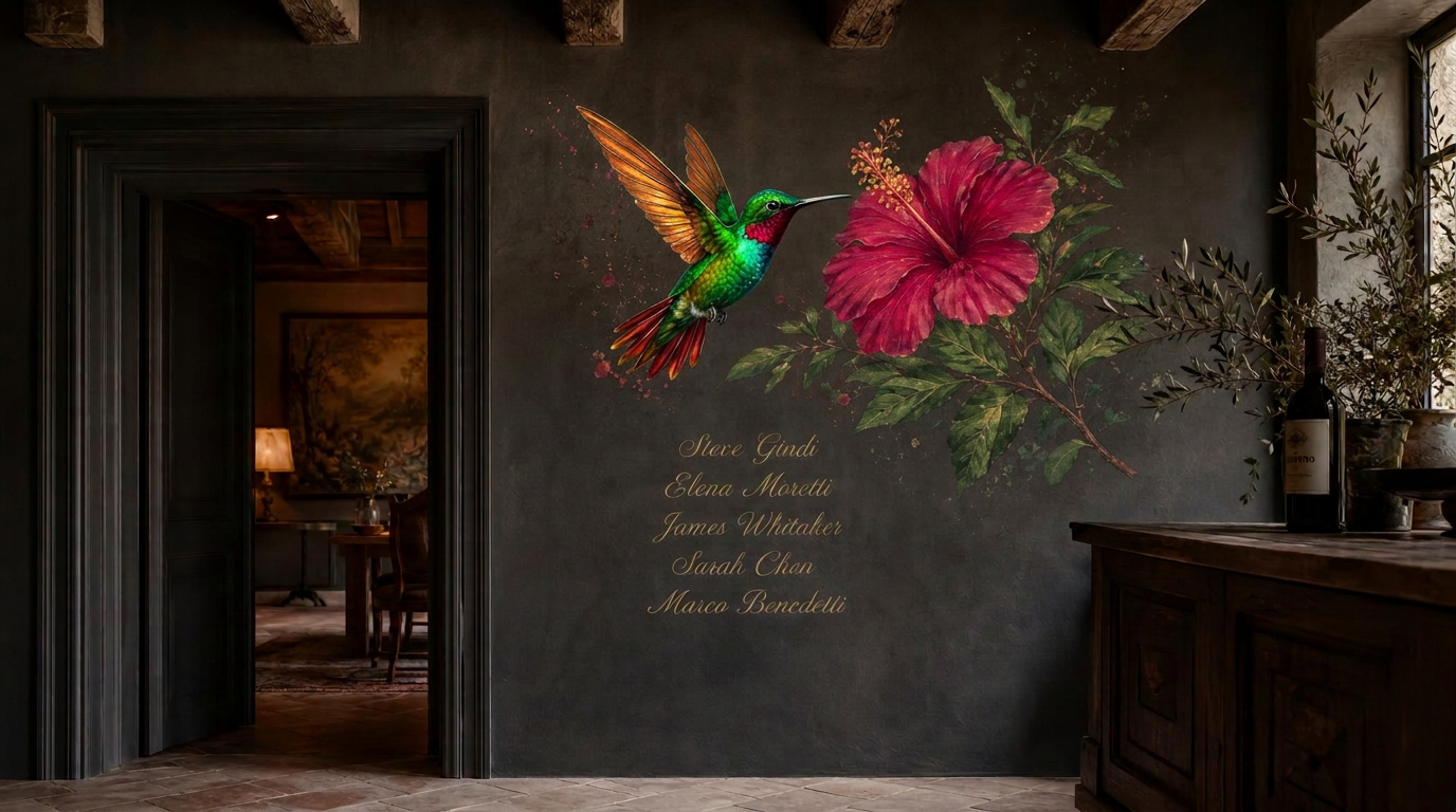 Founders Wall preview with italic metallic names inscribed on dark stone
