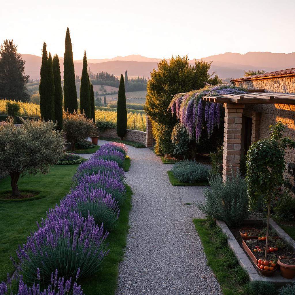 Lush walled garden with lavender, cypress and vineyards