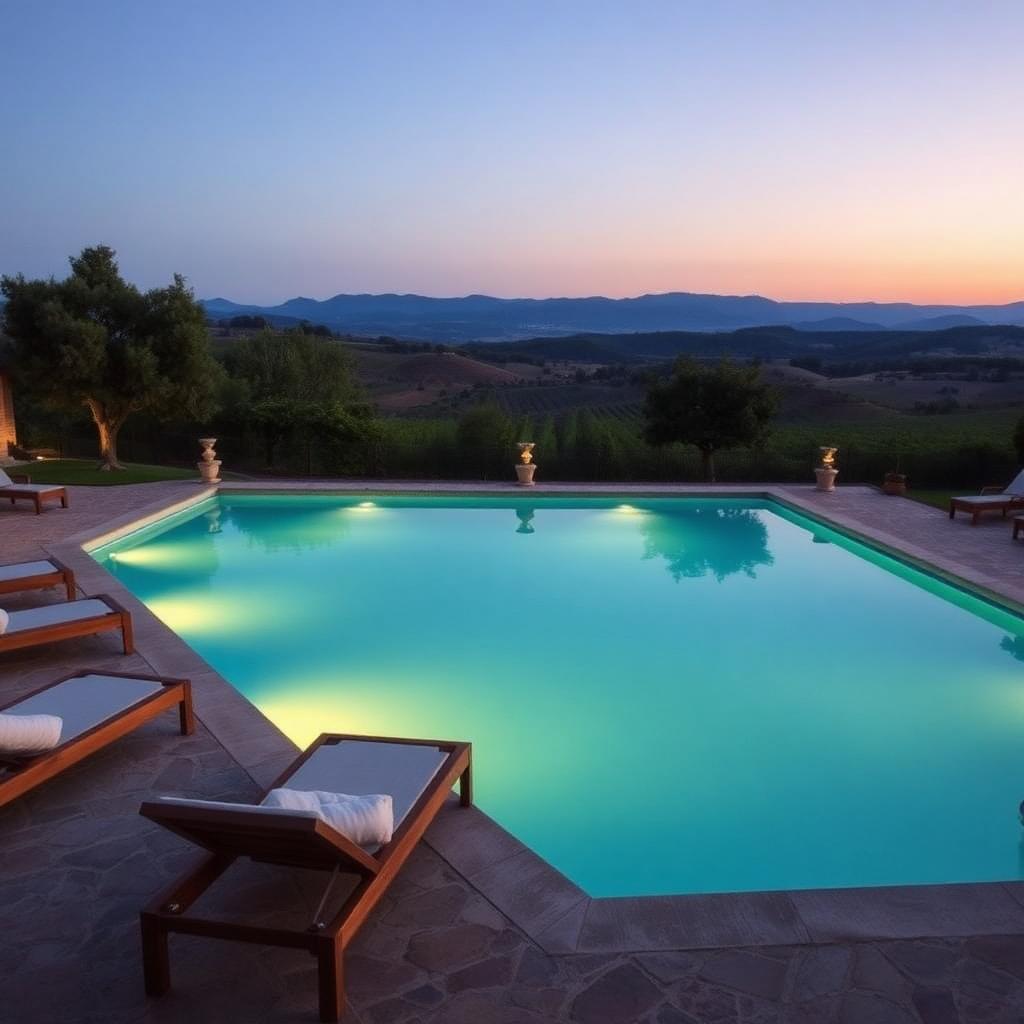 25m stone-edged pool at dusk with Alps on the horizon